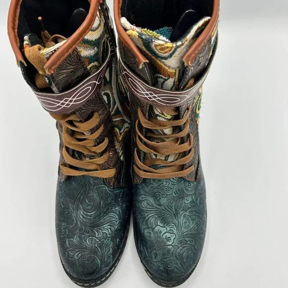 Womens Size 43 Bohemian-Style Mid-Calf Lace-Up Boots With Embossed Floral Design - Picture 7 of 10